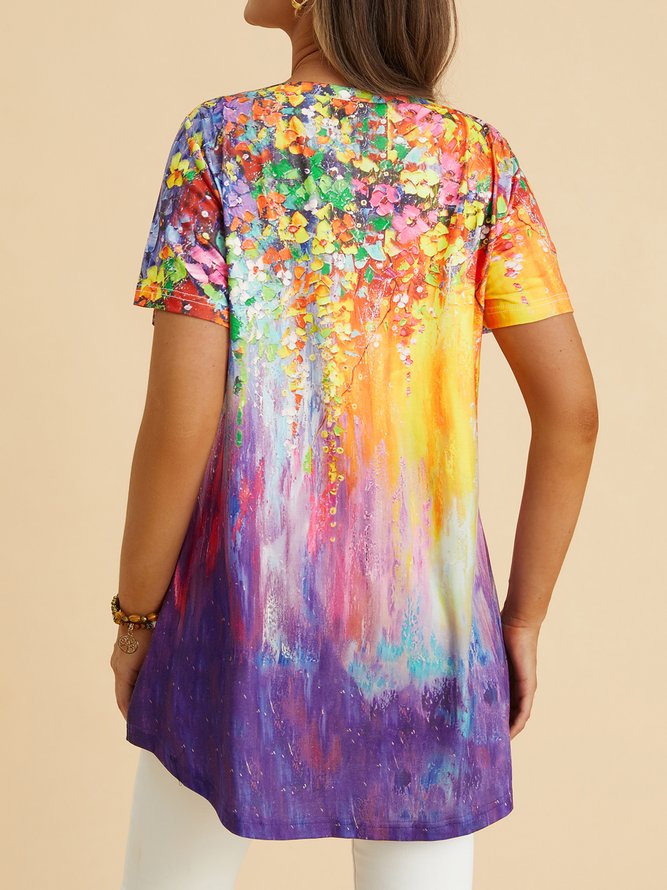 JFN Round Neck Ombre Floral Casual Tunic T-Shirt