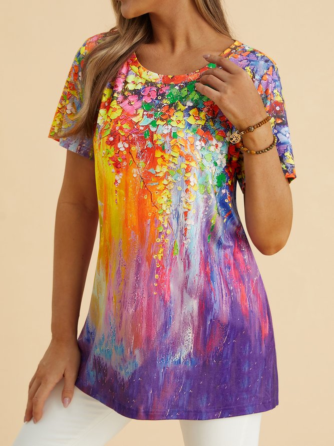 JFN Round Neck Ombre Floral Casual Tunic T-Shirt