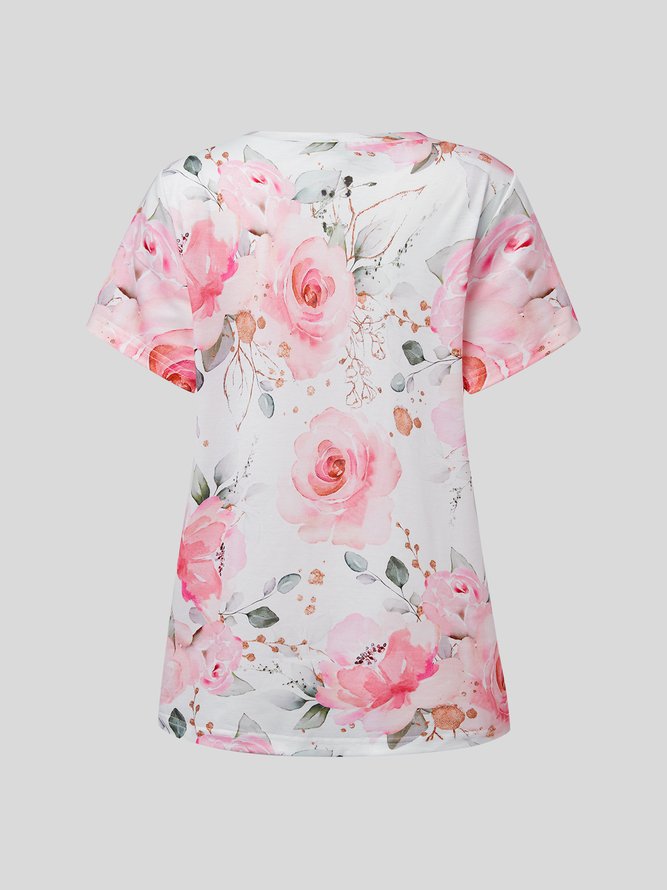 Women's Rose Print Crew Neck Floral Casual T-Shirt