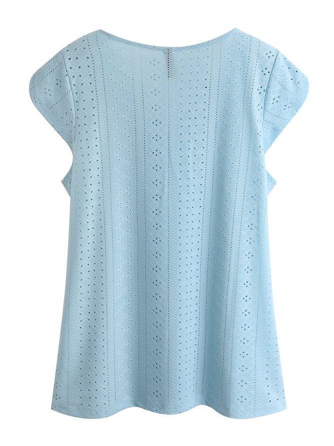 Women's Eyelet Tops V Neck Vacation Plain Skin-friendly and Breathable Shirt