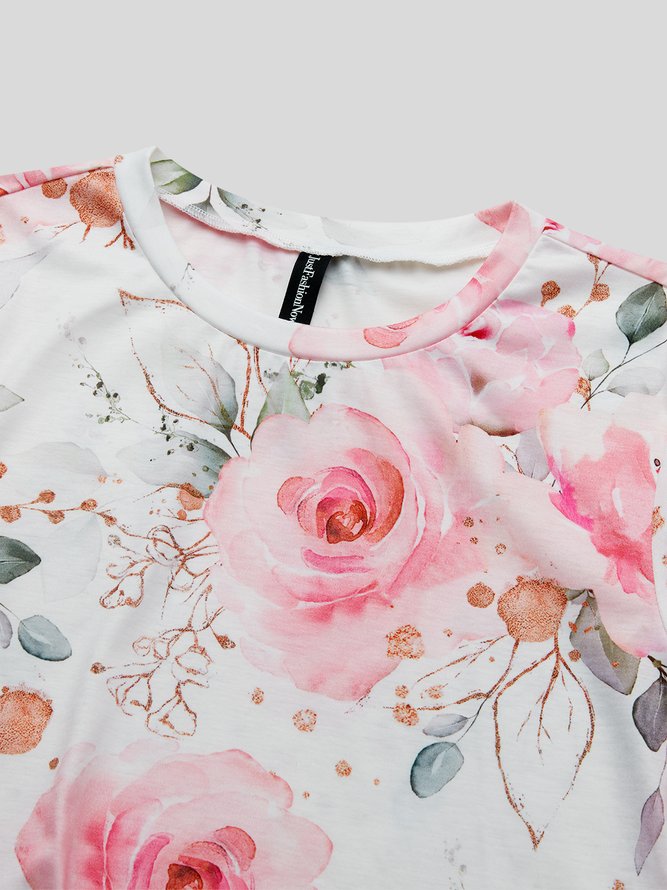 Women's Rose Print Crew Neck Floral Casual T-Shirt