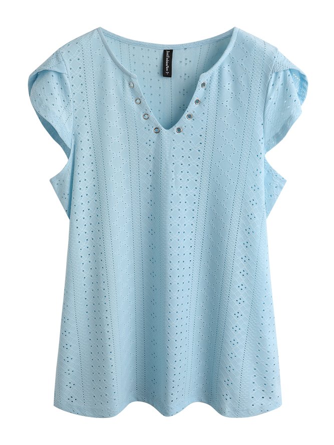 Women's Eyelet Tops V Neck Vacation Plain Skin-friendly and Breathable Shirt