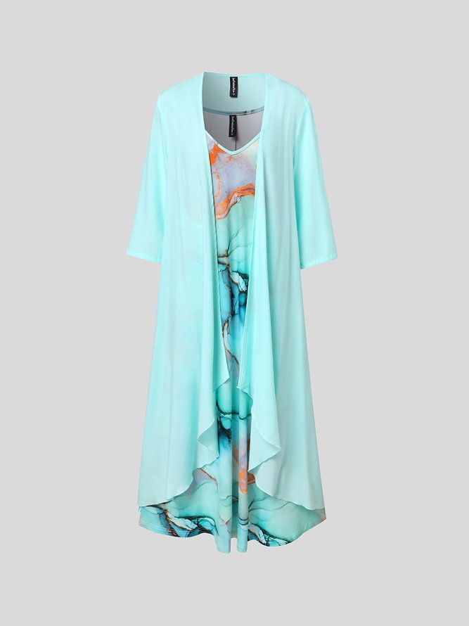 JFN 2PCS V Neck Gradient Vacation Sleeveless Dress with Cardigan