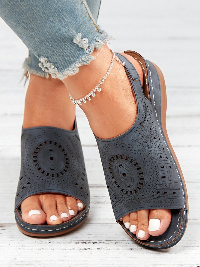 JFN Ethnic Pattern Punched Hollow Velcro Vintage Sandals