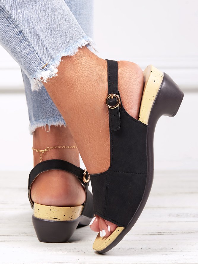 JFN Retro Solid Simple Open Toe Chunky Heel Sandals