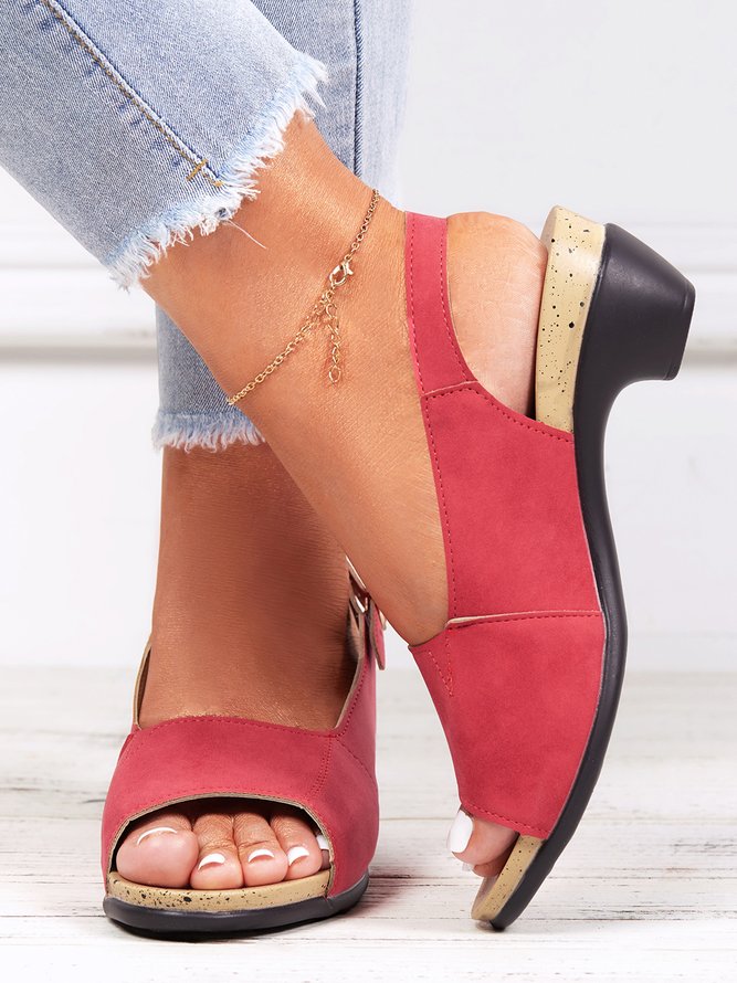 JFN Retro Solid Simple Open Toe Chunky Heel Sandals