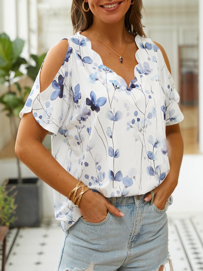 V Neck Floral Casual Loose T-Shirt