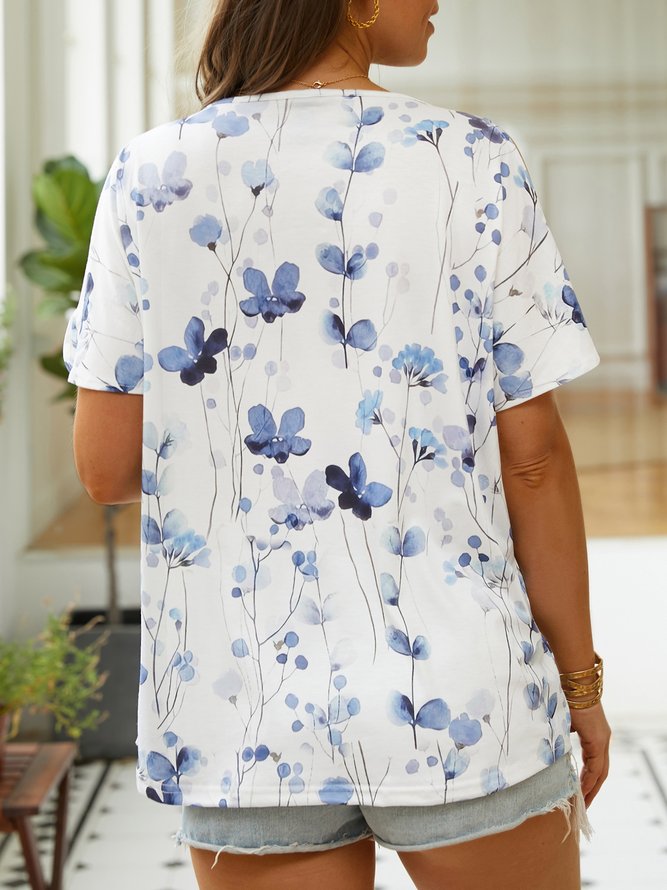 V Neck Floral Casual Loose T-Shirt