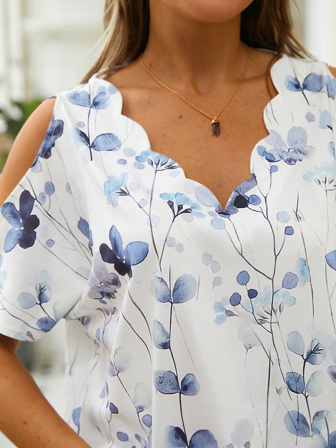V Neck Floral Casual Loose T-Shirt