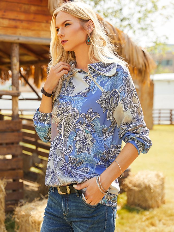Loose Paisley Shawl Collar Sweatshirt
