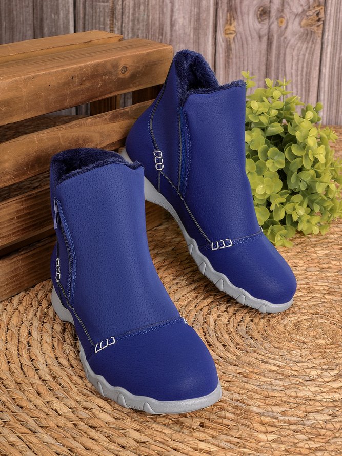 JFN Women Christmas Faux Leather Panel Zip Round Toe Fleece Soft Ankle Ankle Boots  