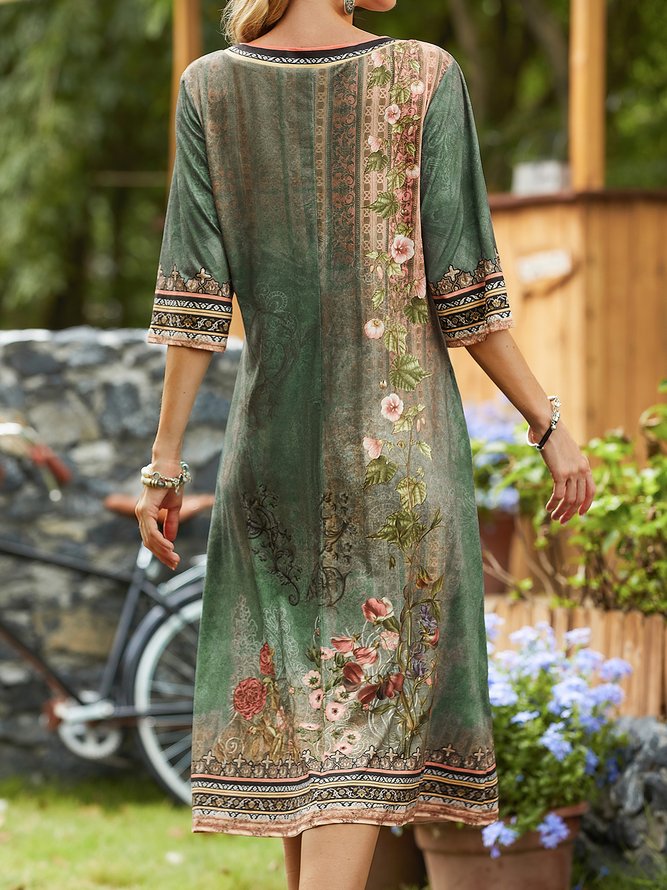 Floral  V Neck Casual Jersey Dress