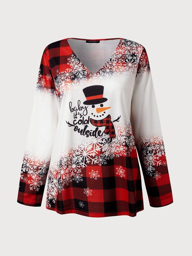 Women's Red Plaid V Neck Sweatshirt Christmas Snowman Printed