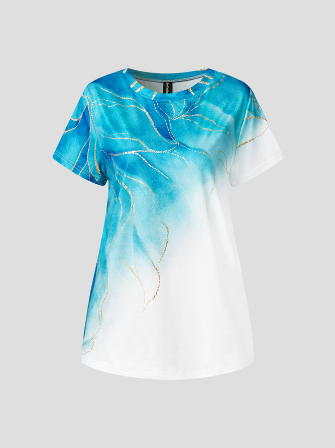 JFN Crew Neck Ombre Color Block Leaves Floral Casual Cotton-Blend T-Shirt