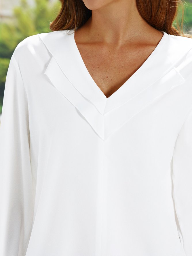 Solid Color V-neck Long-sleeved Blouse
