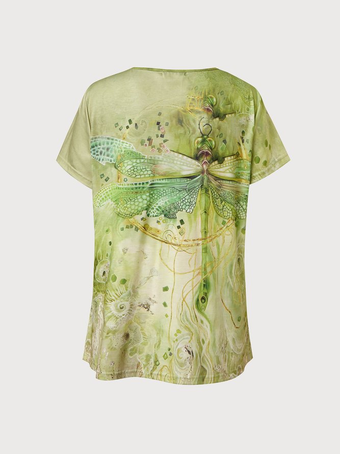 Casual Dragonfly Print Short Sleeve Loose Knit T-Shirt