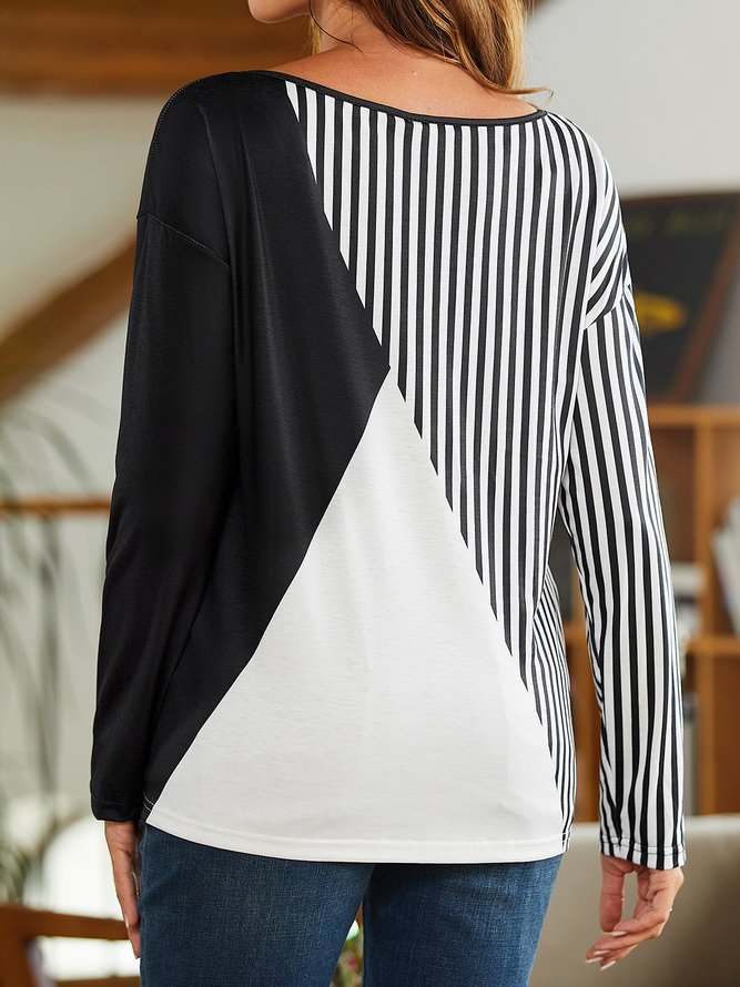Plain color block stripe loose button top T-shirt