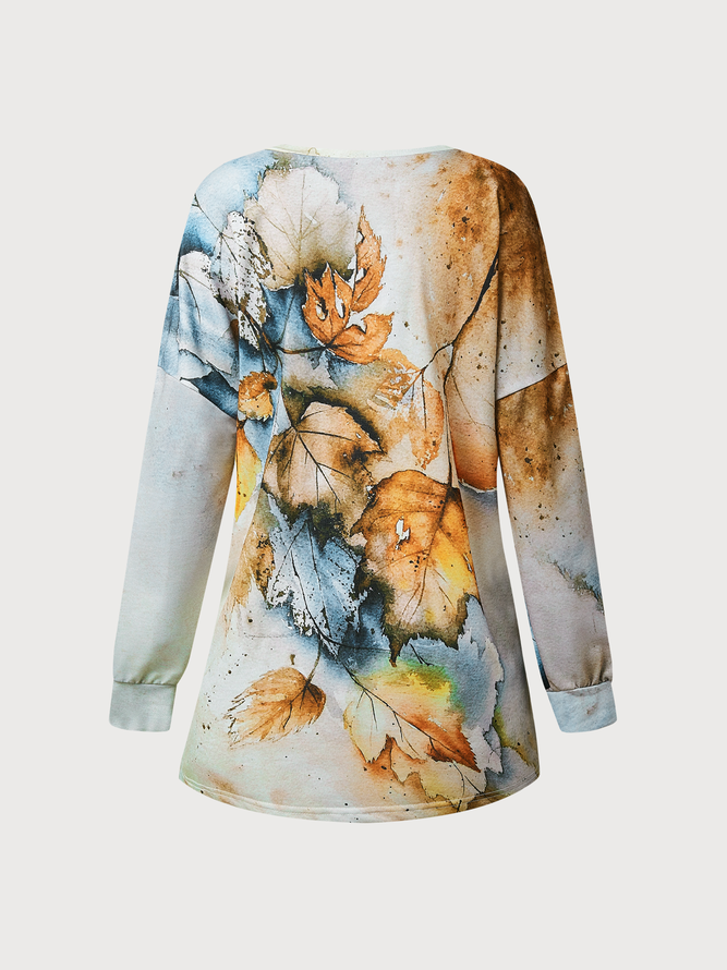 JFN V Neck Casual Cotton-Blend Maple Leaf Print Buttoned Sweatshirt