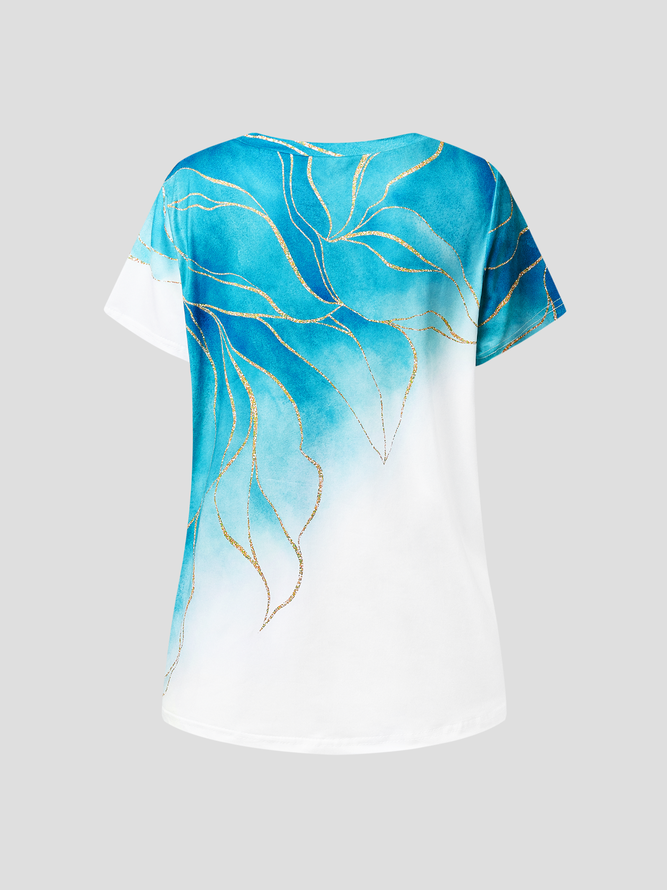 JFN Crew Neck Ombre Color Block Leaves Floral Casual Cotton-Blend T-Shirt