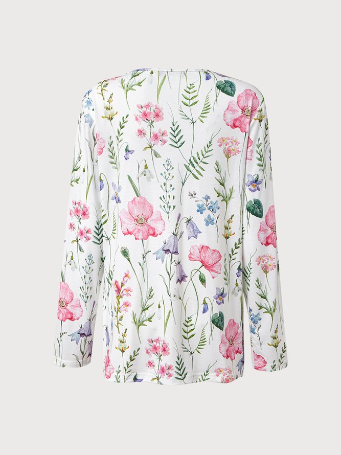 Lace V Neck Casual Floral Loose T-Shirt