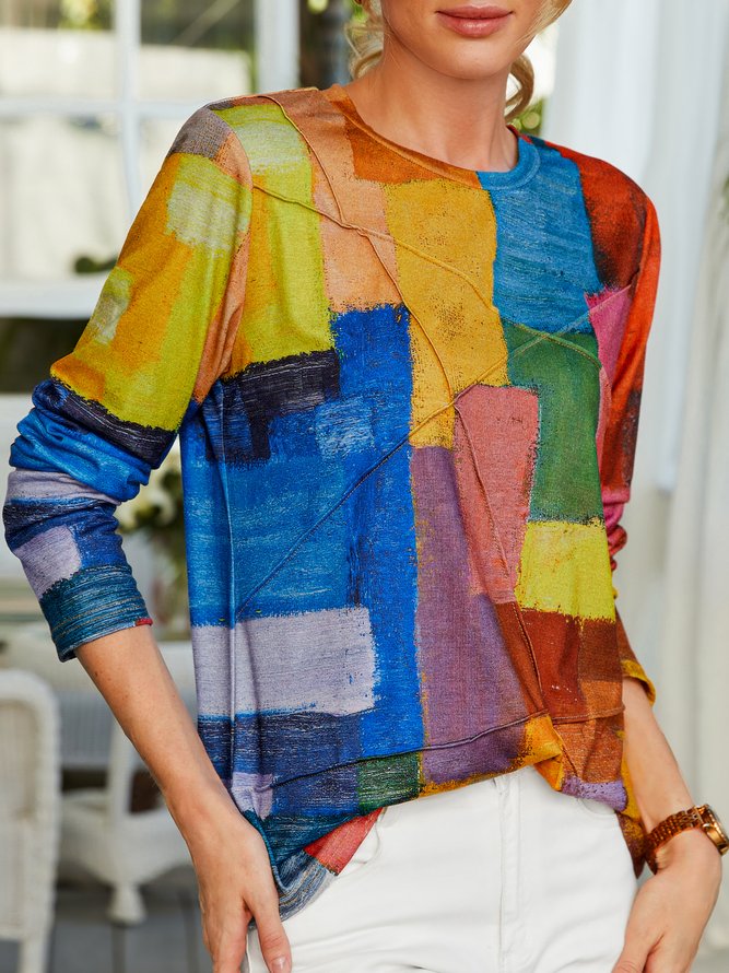 Casual Colorblock Crew Neck T-Shirt