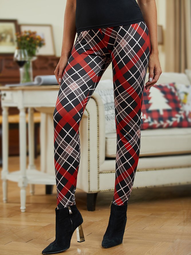 Vintage Checked/Plaid Printed Elastic waist Skinny  Leggings