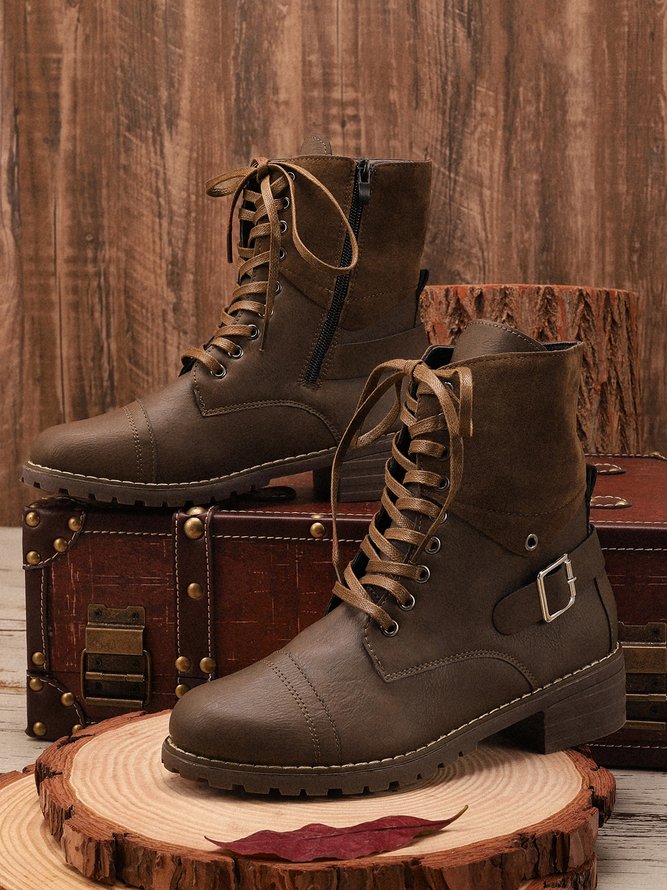 Retro Stitching Lace-up Zipper Boots