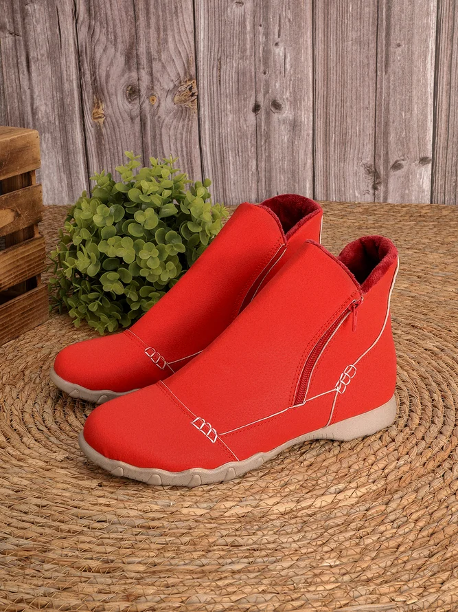 JFN Women Christmas Faux Leather Panel Zip Round Toe Fleece Soft Ankle Ankle Boots  