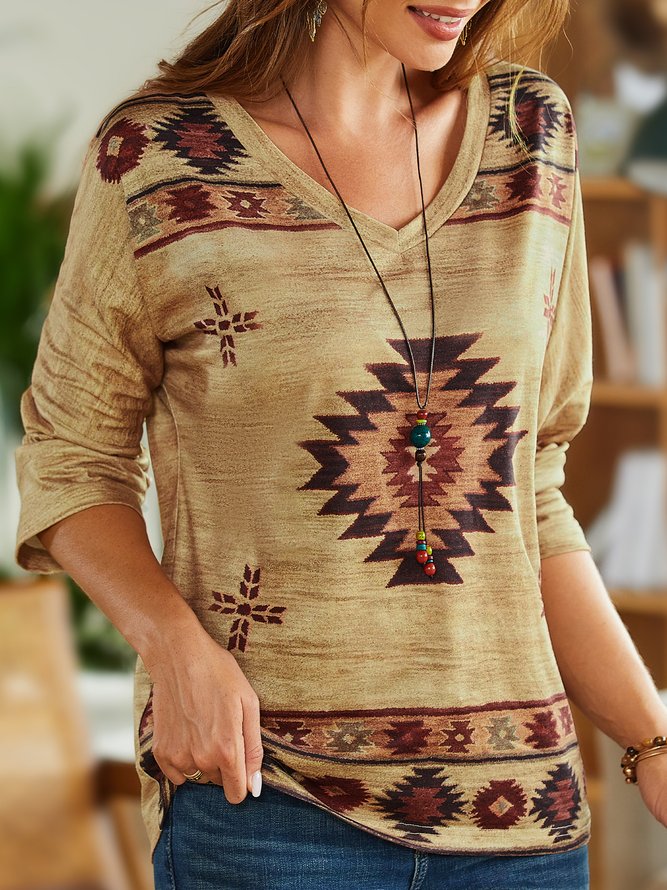 V Neck Loose Vacation Ethnic T-Shirt