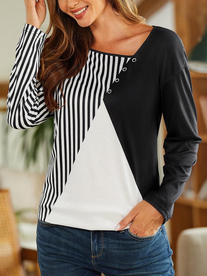 Plain color block stripe loose button top T-shirt
