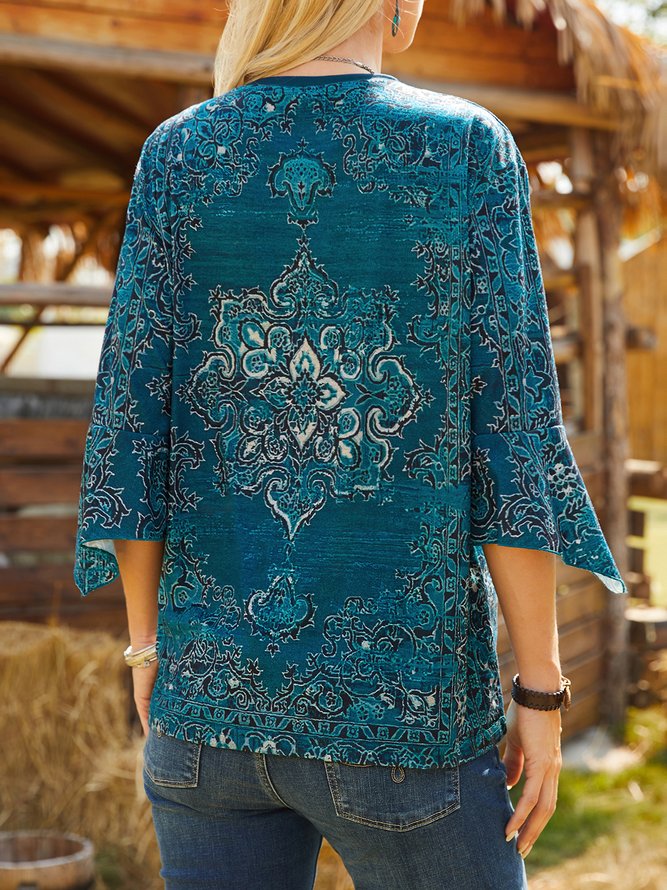 Ethnic Floral Flared Sleeve Loose T-Shirt
