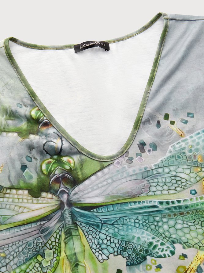 Casual Dragonfly Print Short Sleeve Loose Knit T-Shirt