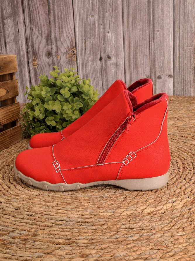 JFN Women Christmas Faux Leather Panel Zip Round Toe Fleece Soft Ankle Ankle Boots  