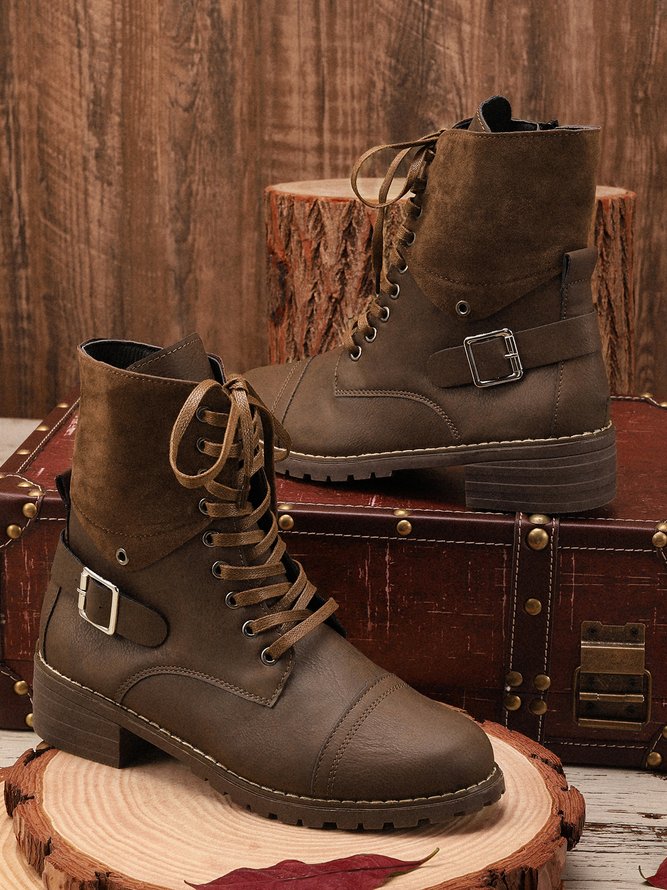 Retro Stitching Lace-up Zipper Boots