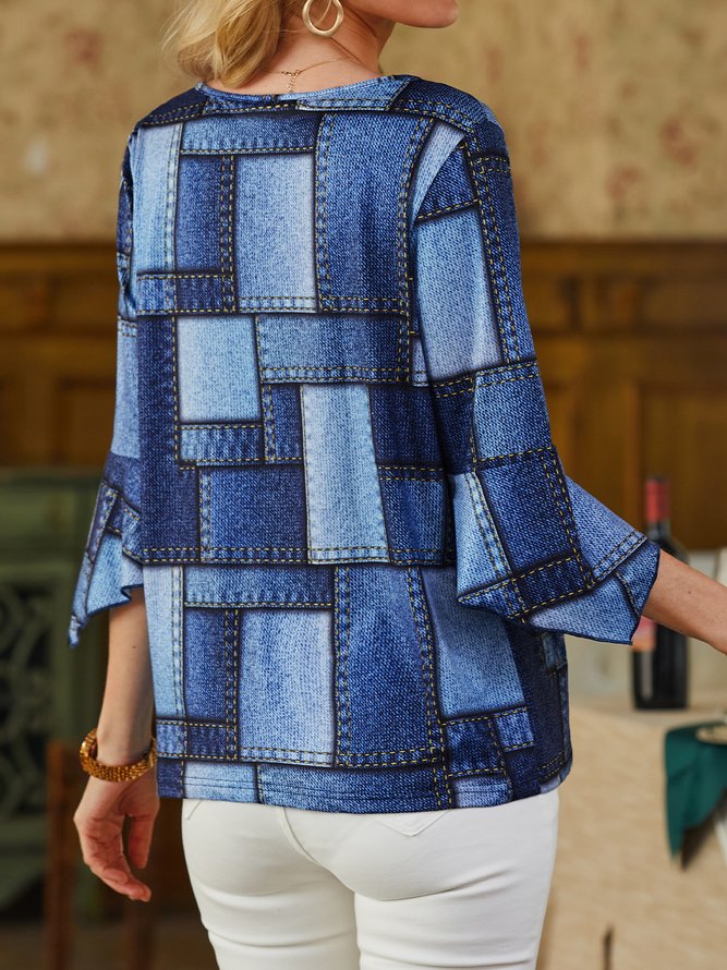 Geometric Shawl Collar Loose Casual Top