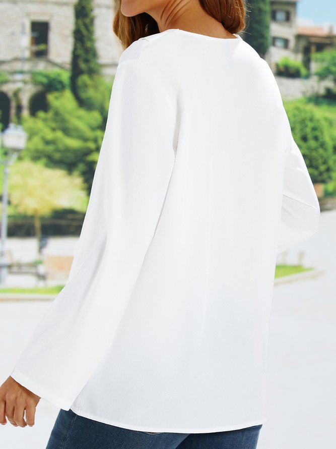 Solid Color V-neck Long-sleeved Blouse