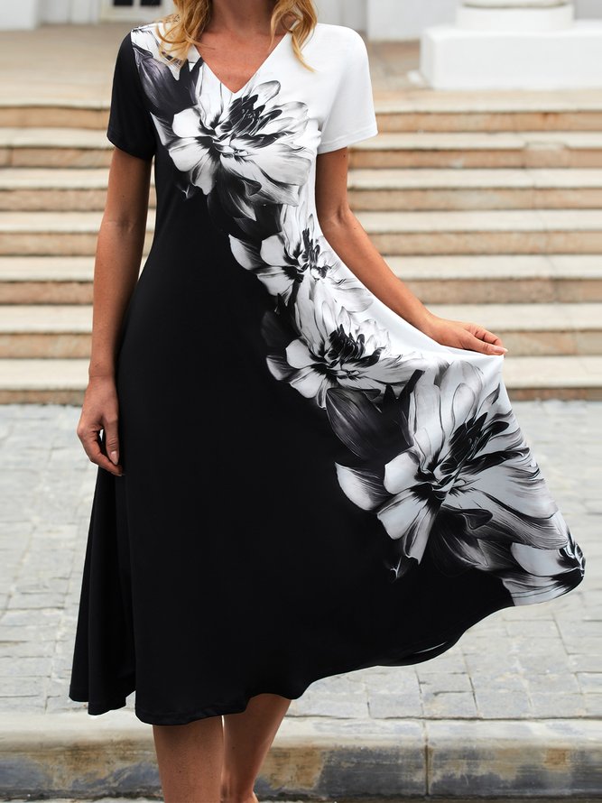 JFN V Neck Color Block Floral  Casual Midi Prom Dress
