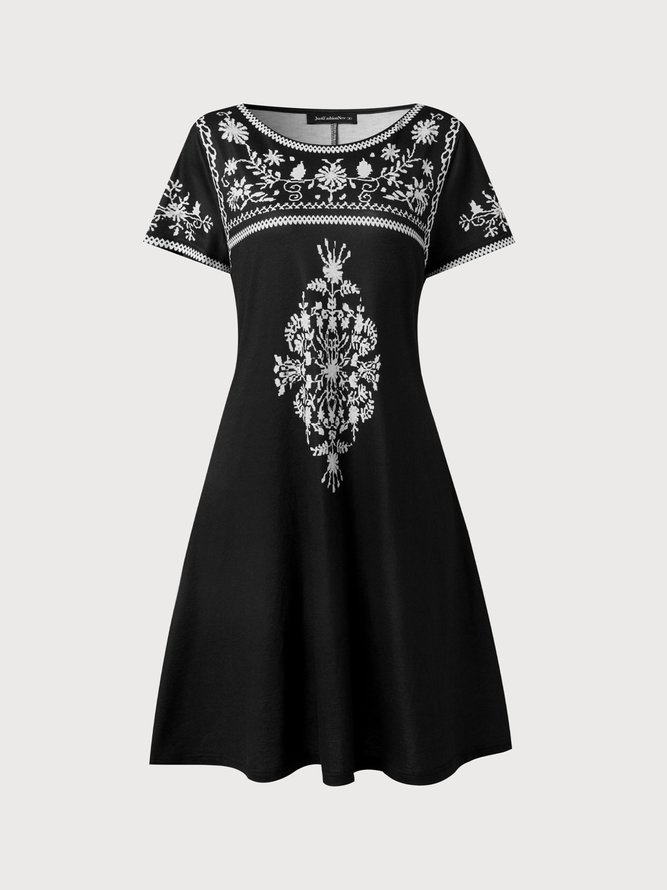 Vintage Mexican Flower Design Crew Neck Prom Dress