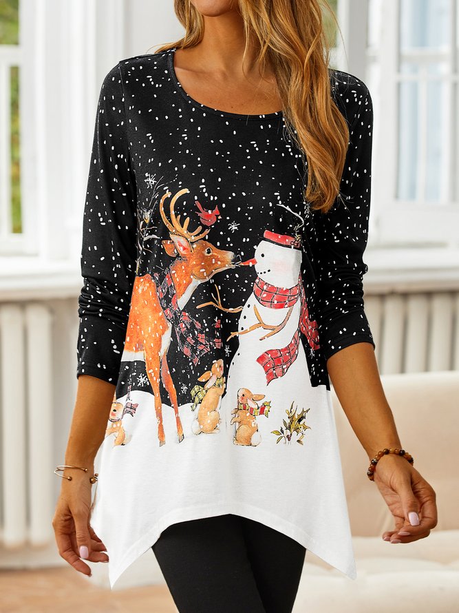 Women's Black Long Sleeve Tunic Tops Christmas Snowman Reindeer Printed