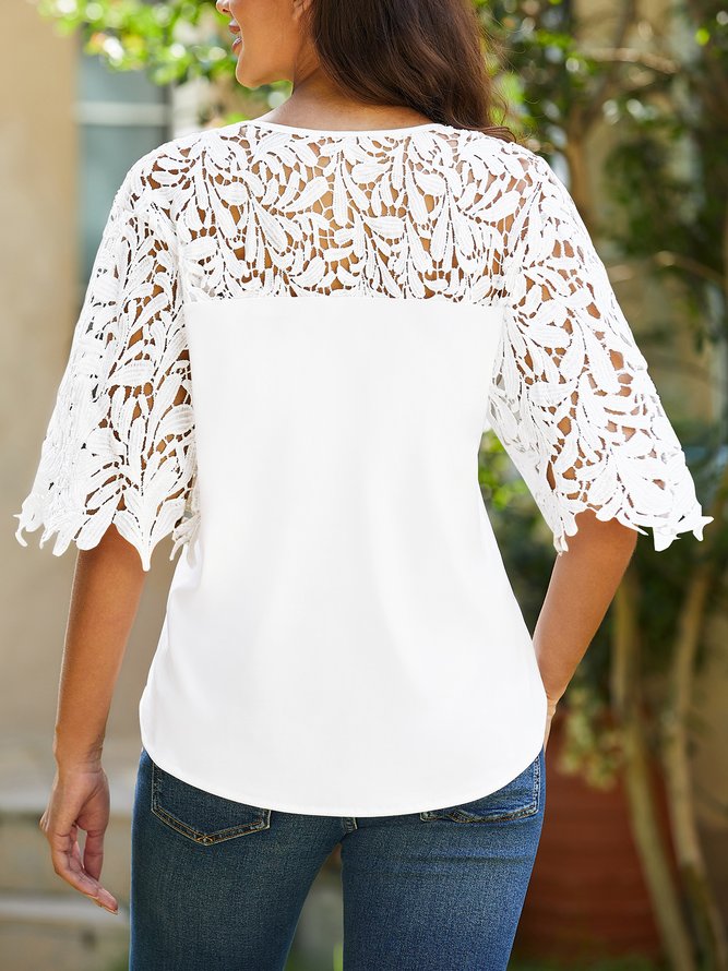 JFN V Neck Lace Casual Plain Knot Front Loose Top