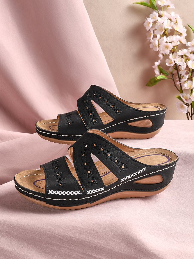 JFN Floral Embroidered Cutout Boho Casual Wedge Slides