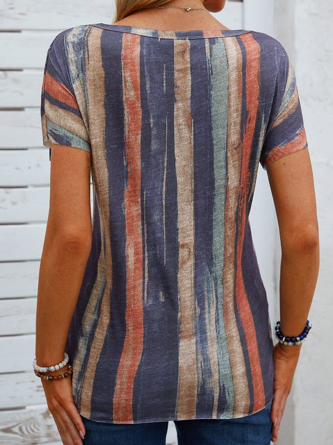 JFN V Neck Colorful Stripes Causal T-Shirt/Tee
