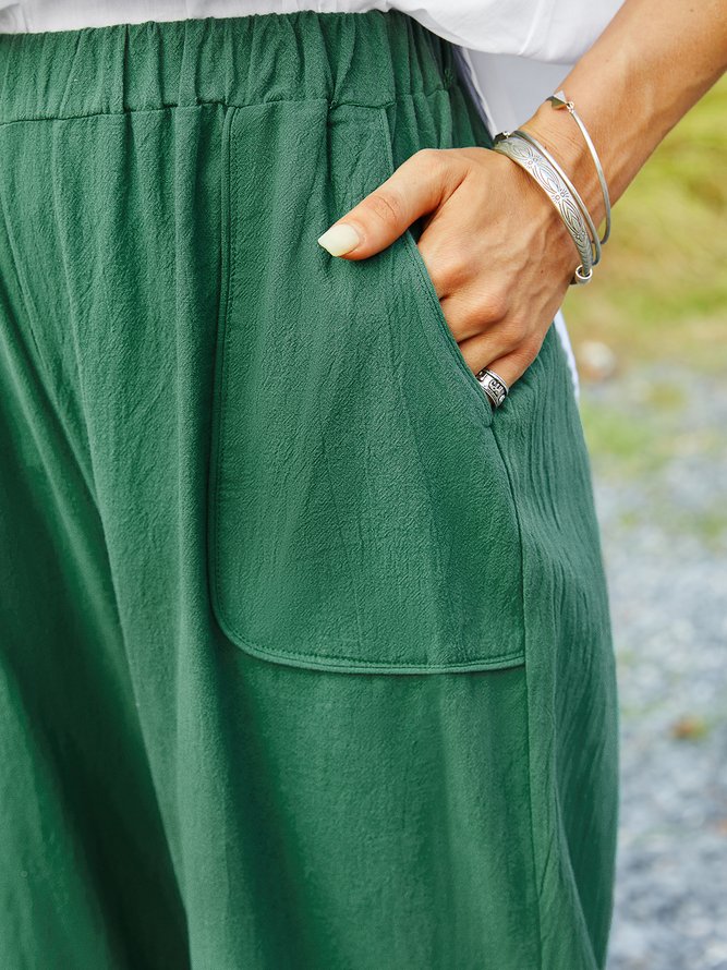 Casual Plain Pockets Linen Pants