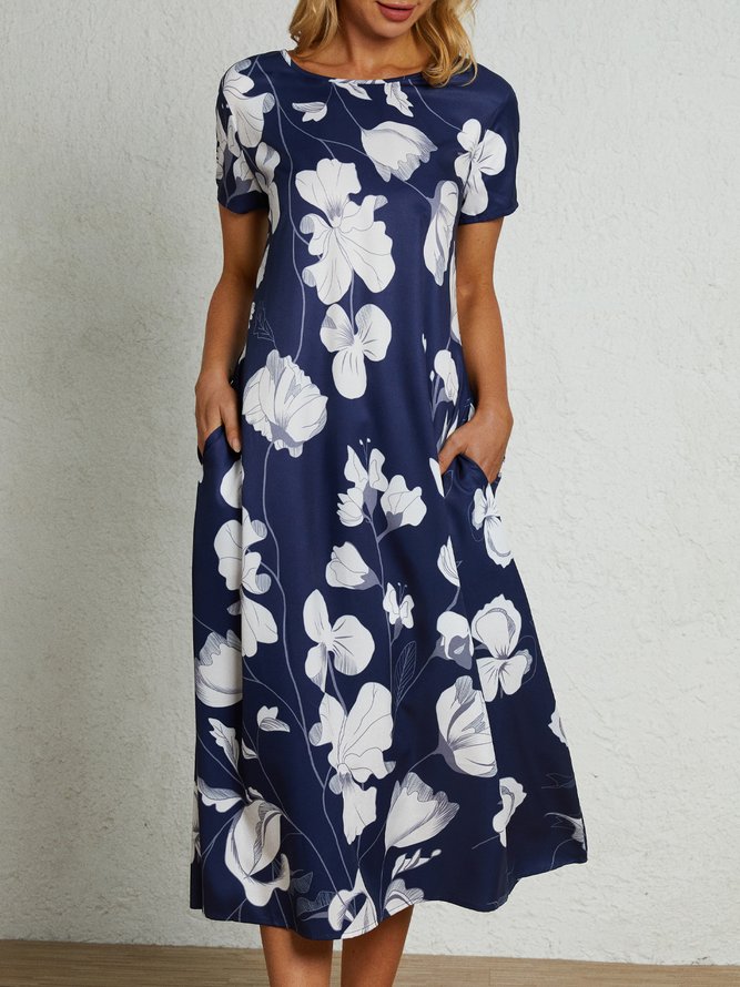Cotton Blends Floral Loosen Short Sleeve Woven Dress