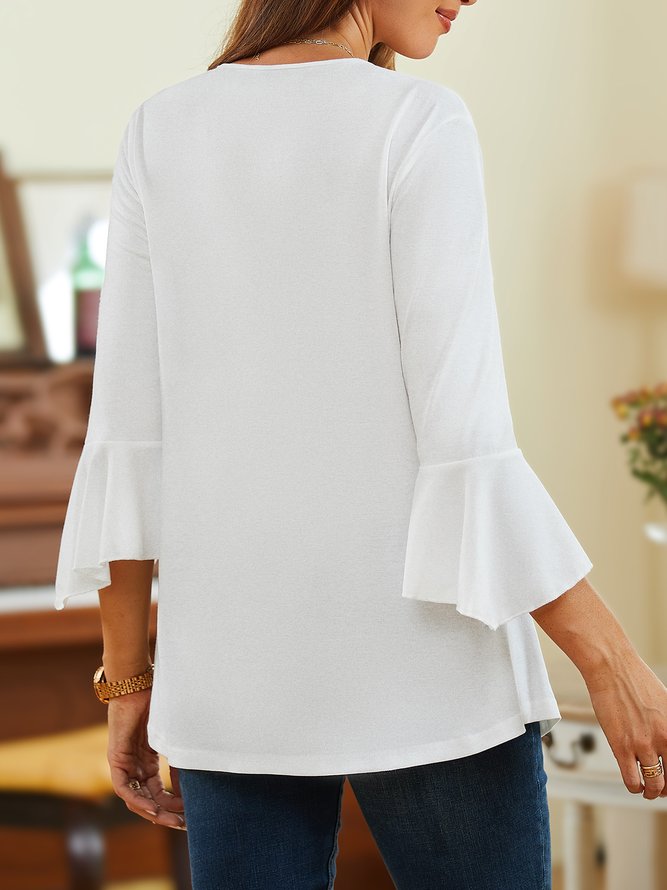 Plain V Neck Casual Buttoned Top