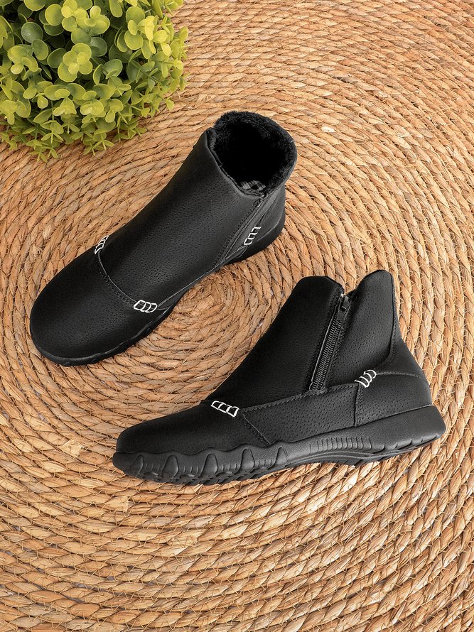 JFN Women Christmas Faux Leather Panel Zip Round Toe Fleece Soft Ankle Ankle Boots  