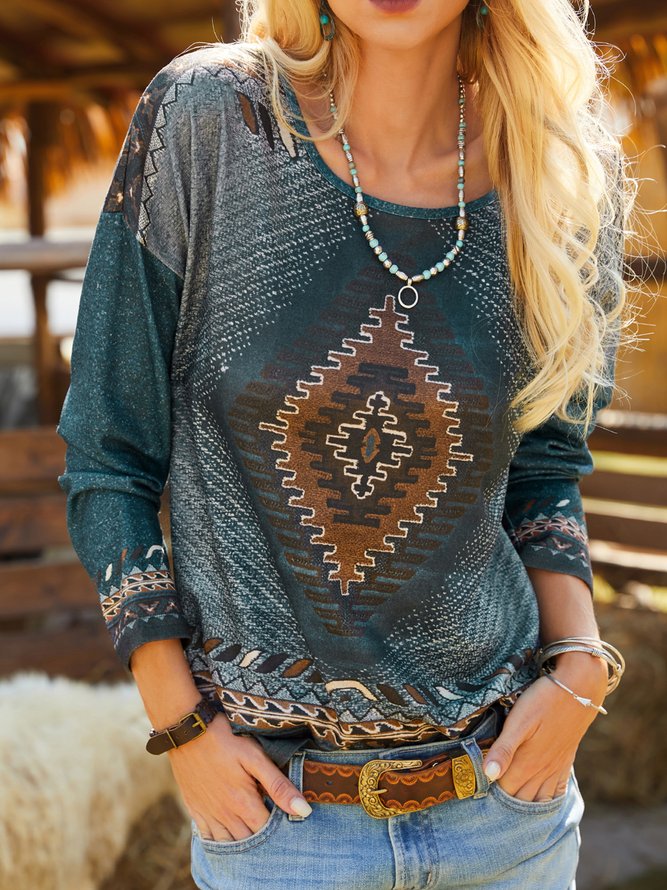 Ethnic Print Round Neck Top