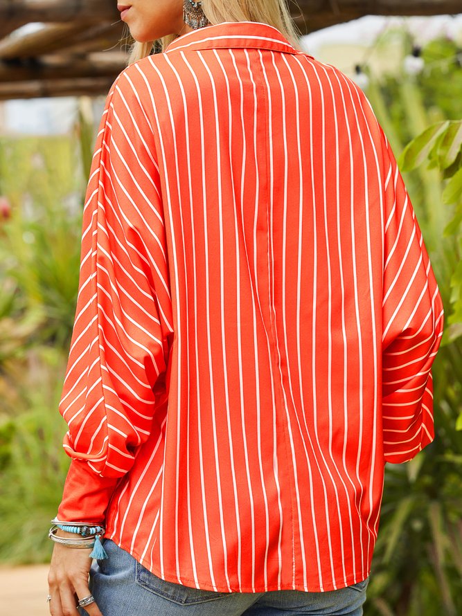 Stripes V Neck Casual Long Sleeve Blouses