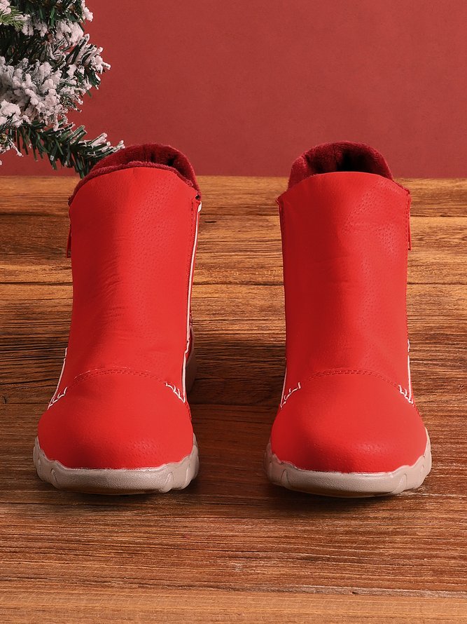 JFN Women Christmas Faux Leather Panel Zip Round Toe Fleece Soft Ankle Ankle Boots  