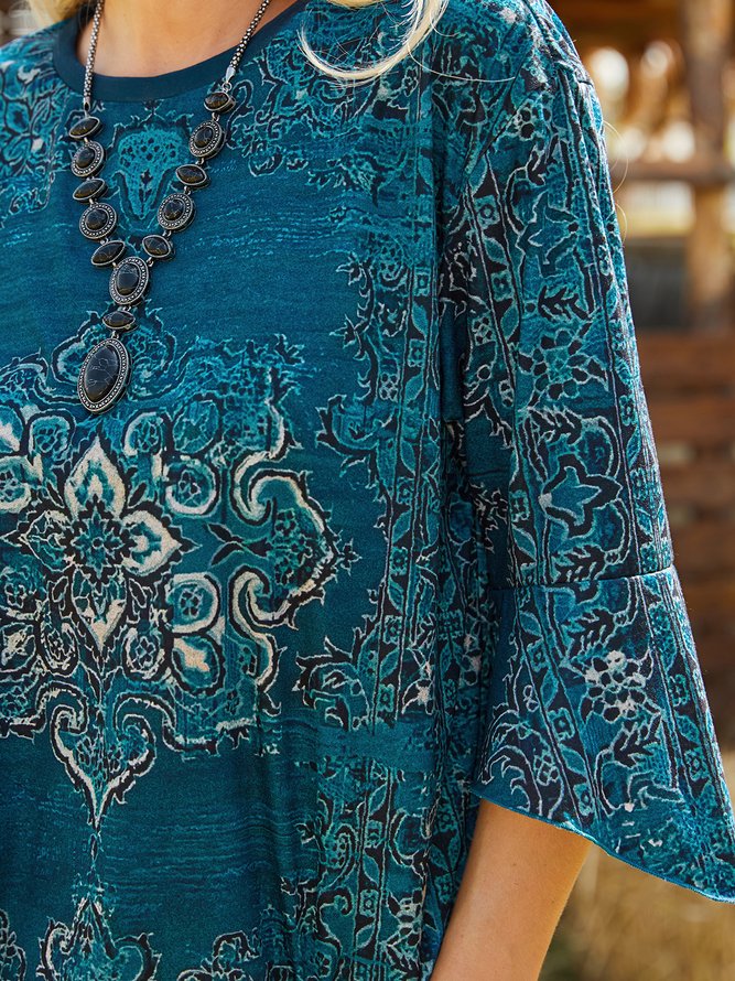 Ethnic Floral Flared Sleeve Loose T-Shirt